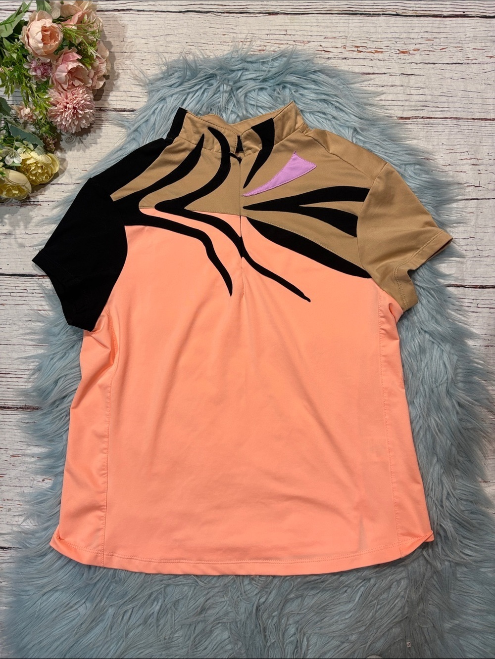 Jamie Sadock Zebra Striped Quarter Zip Neon Orange Short Sleeve Golf Top